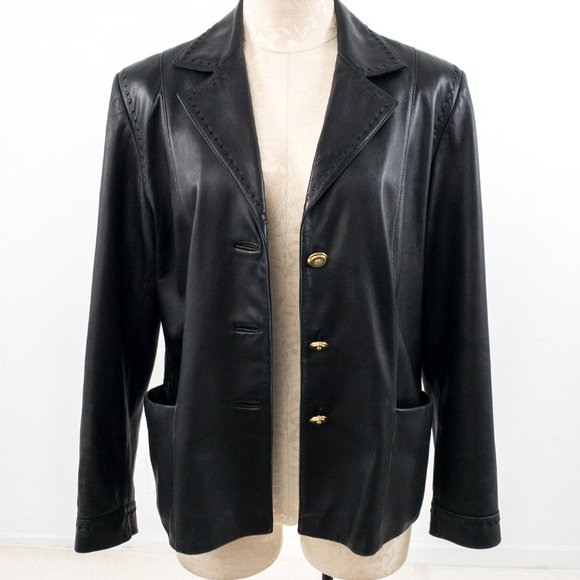 St. John S/M Leather Blazer Jacket Black Vintage - Picture 8 of 12